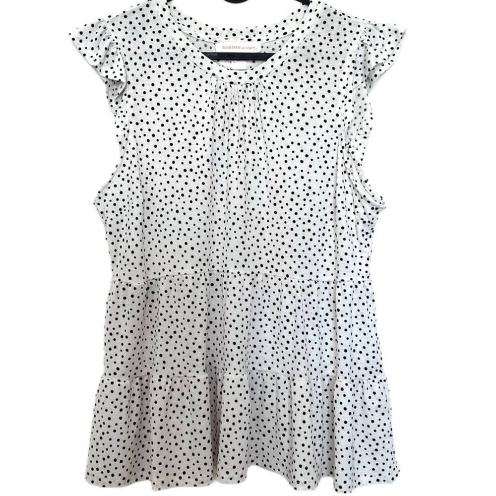 Monteau Polka Dot, Cap Sleeved Ruffled Tiered Peplum Blouse - NWOT